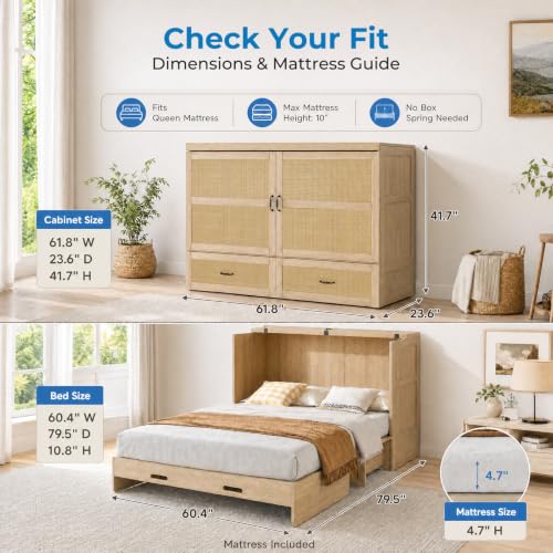 Queen Murphy Cabinet Bed with Tri-Folding Mattress and USB Charging Station