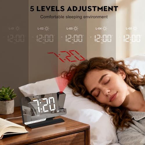 Digital Projection Alarm Clock with 180° Projector & 7.3" Mirror Display