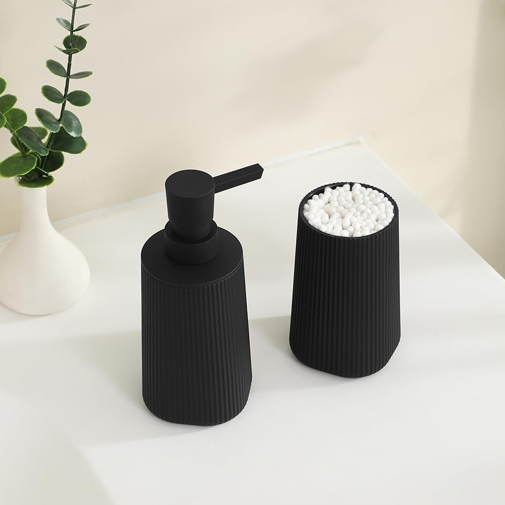 YAUKPH Bathroom Accessories Set - 2-Piece Soap Dispenser & Toothbrush Holder | Striped Black Design