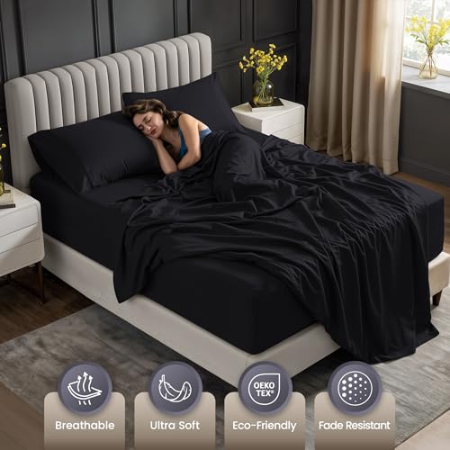 Utopia Bedding Deep Pocket Queen Sheet Set ? Fits Mattresses Up to 21 inches ? Cooling, Soft & Breathable ? Oeko-TEX 4 Piece Bed Sheets (Black)