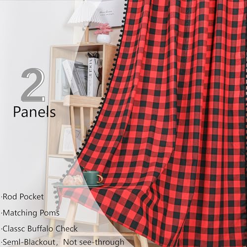 2 Pack Buffalo Plaid Window Curtains for Living Room - 52 x 96 Inch Red Black Check Rustic Farmhouse Decor with Pom-poms
