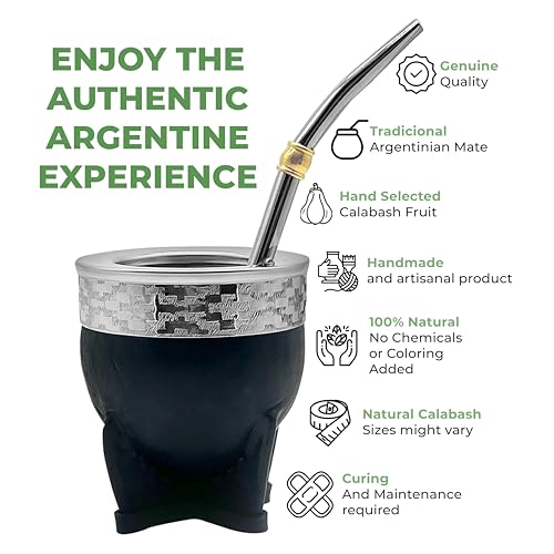 Argentina-Uruguay Yerba Mate Cup and Bombilla Set | Organic Gourd Tea Mug with Steel Straw & Cleaning Brush