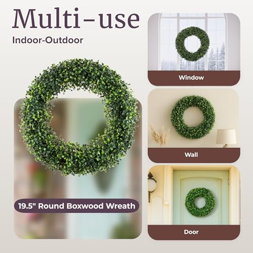Pure Garden Set of 2 Wreaths - 19.5-Inch Round Artificial Boxwood Summer, Fall, Winter, or Spring Wreaths - Indoor/Outdoor Decoration for Front Door