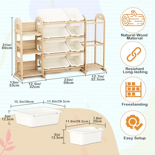 Solid Pine Toy Storage Organizer with 8 Bins and 3 Shelves