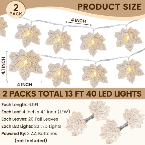 Lighted White Maple Leaf Fall Garland - 2 Pack, 13ft 40 LED String Lights