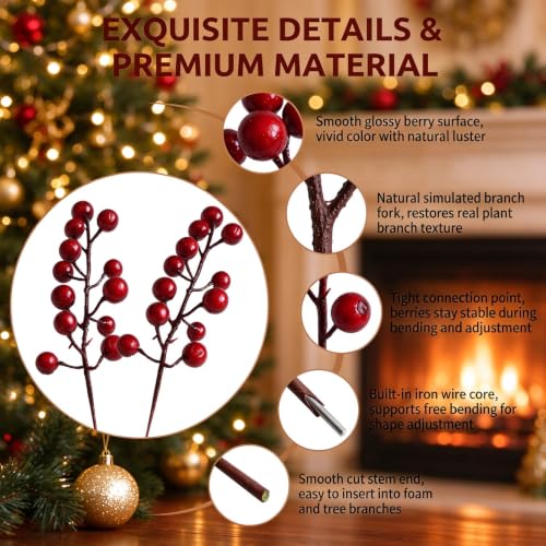 UPSTORE 10-Pack Artificial Red Berry Stems - 20cm Foam Berries with Flexible Wire