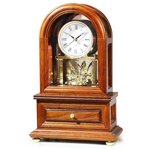 Vintage Wooden Mantel Clock with Revolving Pendulum and Storage Drawer