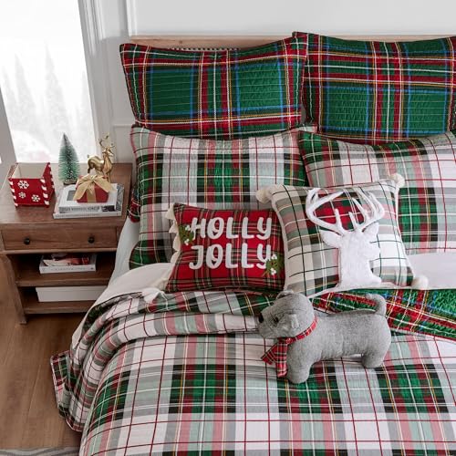 Spencer Plaid Full Bedspread - Reversible Cotton - 90x106in - Green Red White
