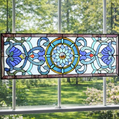Victorian Stained Glass Window Panel - 35 x 12 Inches, Blue Design