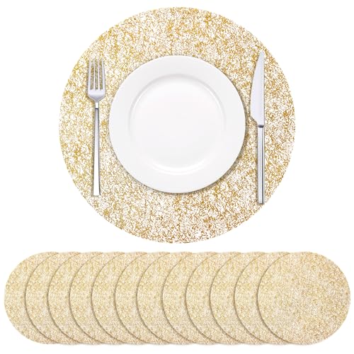 Soleebee 12 Pack Gold Placemats 13 Inch Round Disposable Table Mats - Textured Mesh Charger Doilies for Wedding Party