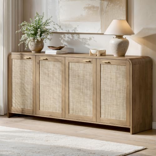 67-Inch Rattan Sideboard Buffet Cabinet, Boho Oak Storage Credenza with 4 Doors