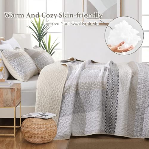 Beige Queen Quilt Set - Boho Striped Patchwork Bedspread (3-Piece)