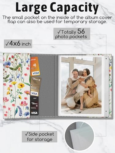 Floral 4x6 Photo Album - 56 Pocket Leather Picture Book for Memories