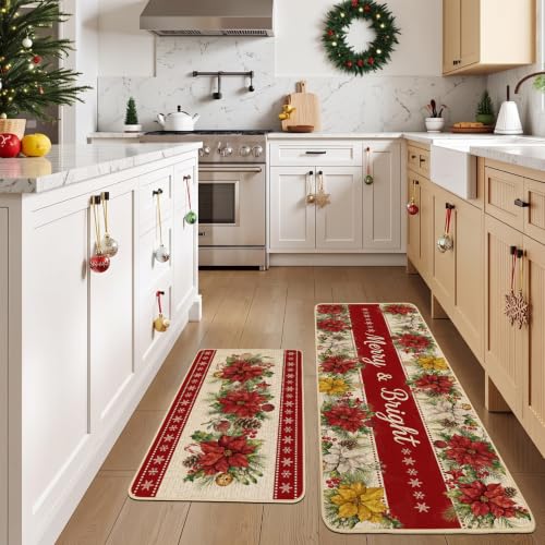 Christmas Poinsettia Kitchen Rugs Set - Merry Bright Holiday Decor, 17x29 & 17x47 Inches