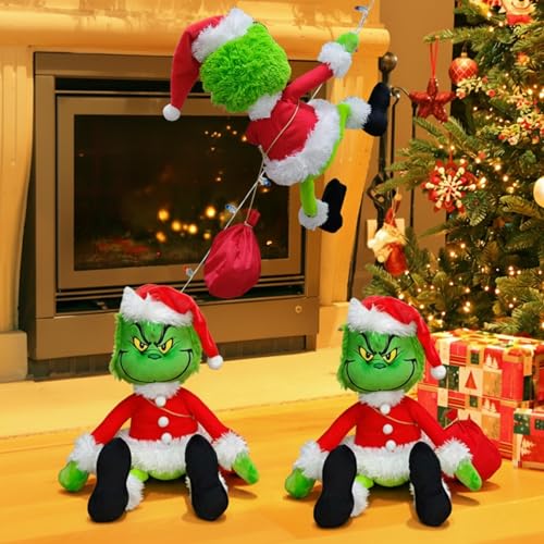 Christmas Green Monster Decorations with LED Lights - 23.6in Poseable Plush Doll for Indoor & Outdoor Holiday Decor