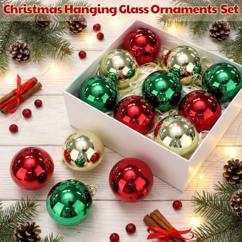 16 Pack Christmas Glass Ornaments - Red Green Gold Shiny Holiday Decorations