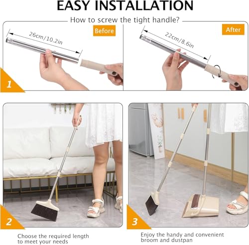 Upright Broom and Dustpan Set with Adjustable Long Handle & Built-In Comb