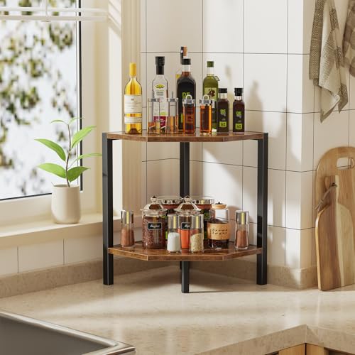 2-Tier Industrial Corner Shelf, Rustic Wood & Metal Standing Organizer