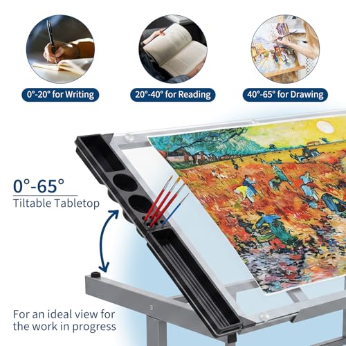 Adjustable Glass Drafting Table with Wheels, Drawers and Storage Trays