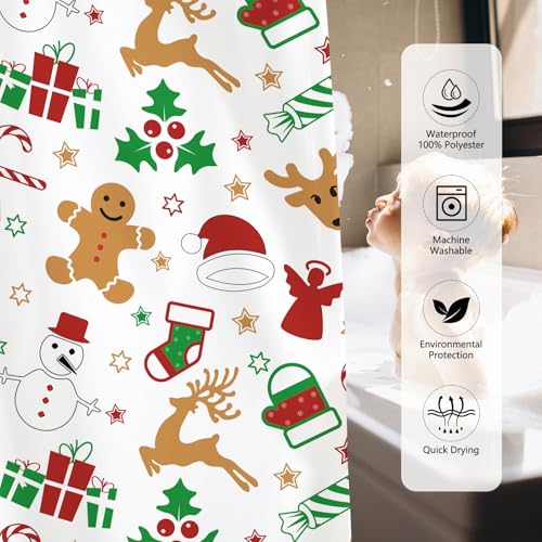 MEHOFOND Colorful Christmas Shower Curtain 72x72 Inch Winter Gingerbread Stars Reindeer Snowman Bathroom Decor Waterproof Polyester