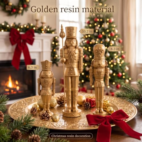 Gold Christmas Nutcracker Figures Set - 3 Pcs Holiday Decor, Resin
