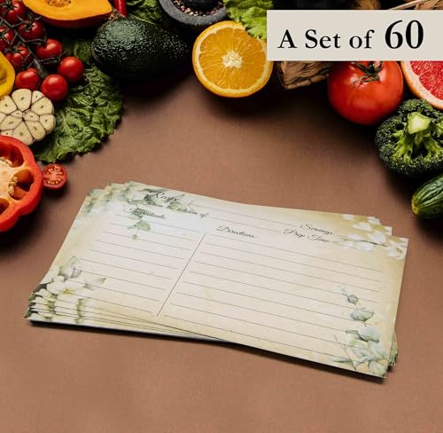 60 Pack Floral Recipe Cards - 4x6 Eucalyptus Botanical Kitchen Note Cards