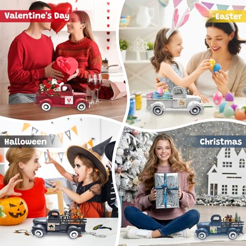 13.4" Farmhouse Red Metal Truck with 20 Interchangeable Seasonal Magnets