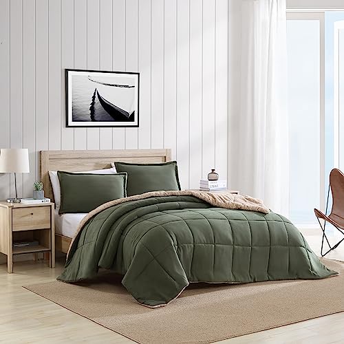 Reversible King Comforter Set with Sherpa Reverse - Beckett Green