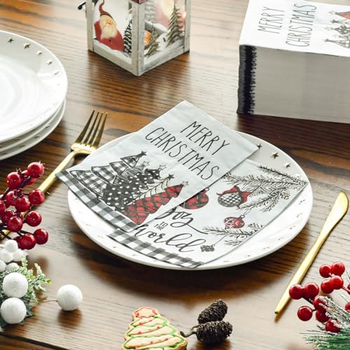 Christmas Paper Napkins 100 Pack - Buffalo Plaid Xmas Tree Design, 4.3 x 7.9 Inches