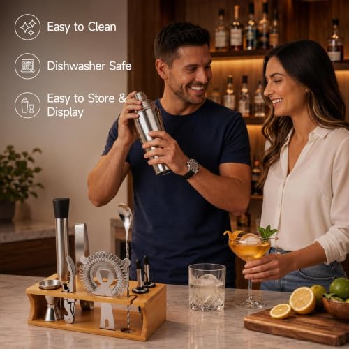 Stainless Steel Cocktail Shaker Set with Stand - 10-Piece Bartender Kit for Home & Bar
