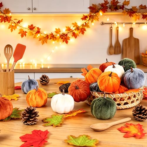 15PCS Velvet Fall Pumpkins for Autumn Thanksgiving Home Decor 3.14 Inch