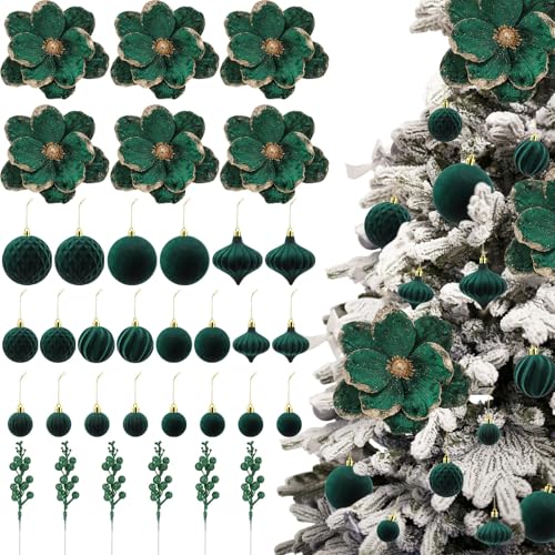 Kinlop 34 Pcs Velvet Christmas Ornaments Set Dark Green – 22 Balls, 6 Poinsettias & 6 Berry Stems