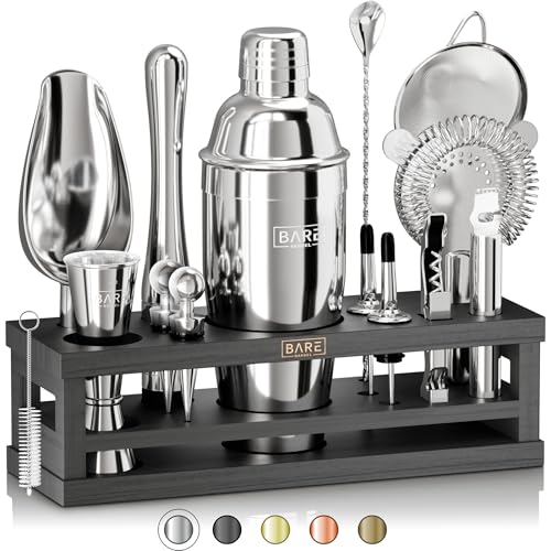 Bare Barrel® 24oz Silver & Black Cobbler Cocktail Shaker Bar Set with 16 Tools & Recipe Cards