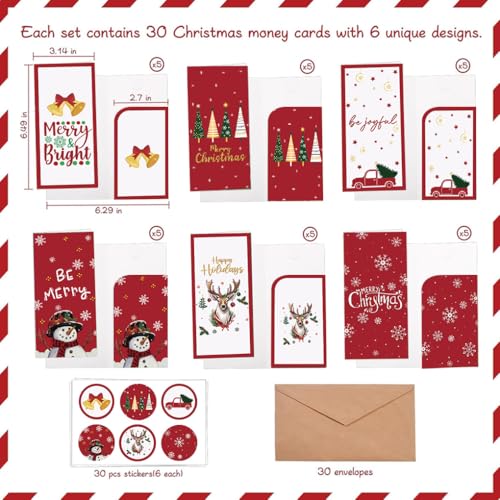 30 Pack Christmas Money Holders with Envelopes - Holiday Gift Card & Cash Gift Set