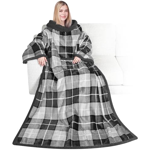 Wearable Blanket with Sleeves and Pocket, Soft Fleece Sherpa Throw Wrap