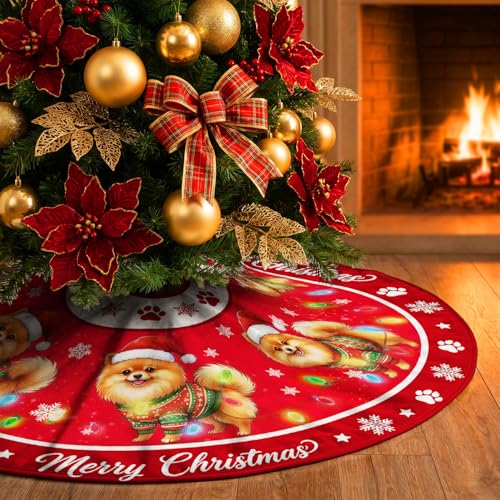 Pomeranian Christmas Tree Skirt 48” - Indoor/Outdoor Holiday Decor for Pets