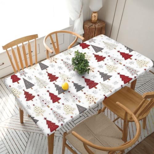 White Winter Christmas Tree Rectangle Fitted Tablecloth 30 x 60 Inches Waterproof Elastic Cover for Outdoor & Holiday Dining