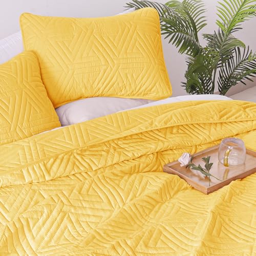 Whale Flotilla Queen Quilt Set - 3-Piece Yellow Geometric Bedspread