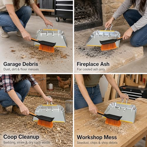 17-Inch Heavy Duty Metal Dustpan and Brush Set for Garage & Outdoor