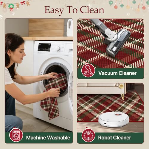 GENIMO Christmas Kitchen Rugs Set of 2, 20x32 + 20x48, Non-Slip, Red Beige