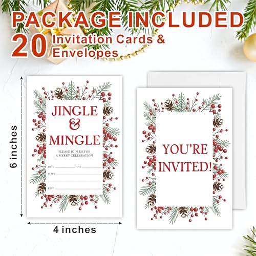 Jingle & Mingle Christmas Invitation Cards with Envelopes - Greenery, Fill-In Style, Pack of 20