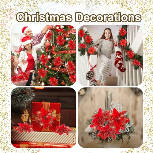 Cliselda 30Pcs Red Poinsettia Artificial Christmas Flowers with Clips - Holiday Decor