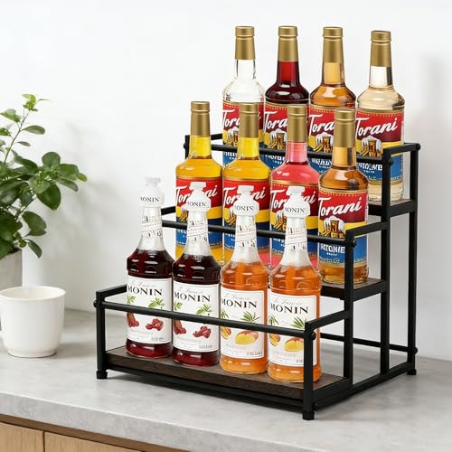 3-Tier Coffee Syrup Rack Organizer - Rustic Countertop Bottle Display Shelf