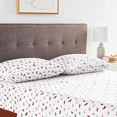 Brielle Home Flannel Sheet Set Cotton Soft Warm & Cozy Modern Chic with Elastic Deep Pockets, Queen, Dogs White