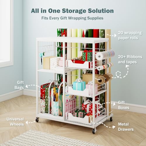 Rolling Wrapping Paper Organizer Cart with Wheels and Drawers