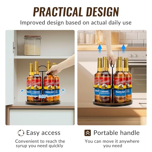 Rotating Coffee Syrup Organizer, 6-Bottle Countertop Rack with Handle
