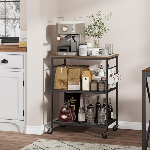 3-Tier Rolling Kitchen Utility Cart with Microwave Shelf and 6 Hooks