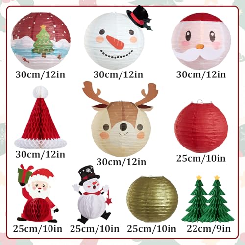 Easy Joy Christmas Paper Lanterns Set - Red, Green & Gold Holiday Decorations with 3D Xmas Hats, Santa, Snowman & Trees - 11 pcs