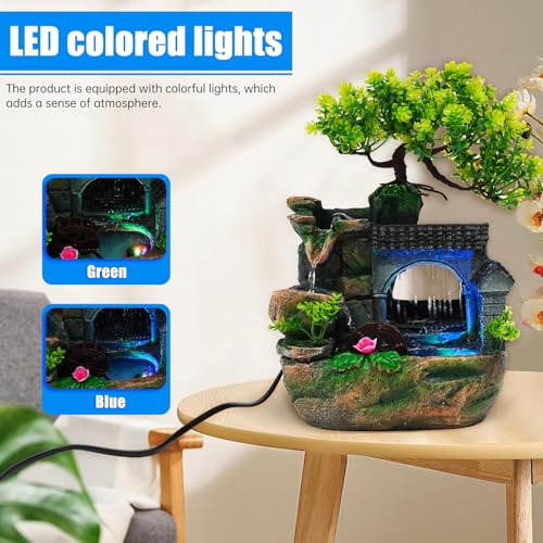 Tabletop Waterfall Fountain with LED Light & Faux Bonsai Tree - 11 Inch