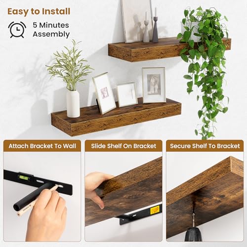 20-Inch Rustic Floating Shelves, Set of 2 Wood Wall Mounted Storage Shelves